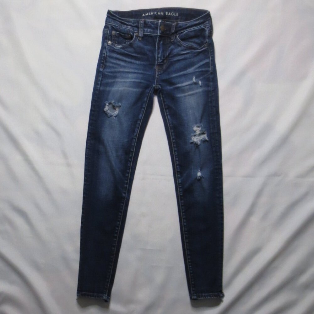 AE womens JEANS dark blue DENIM distressed JEGGINGS super stretch SIZE 00